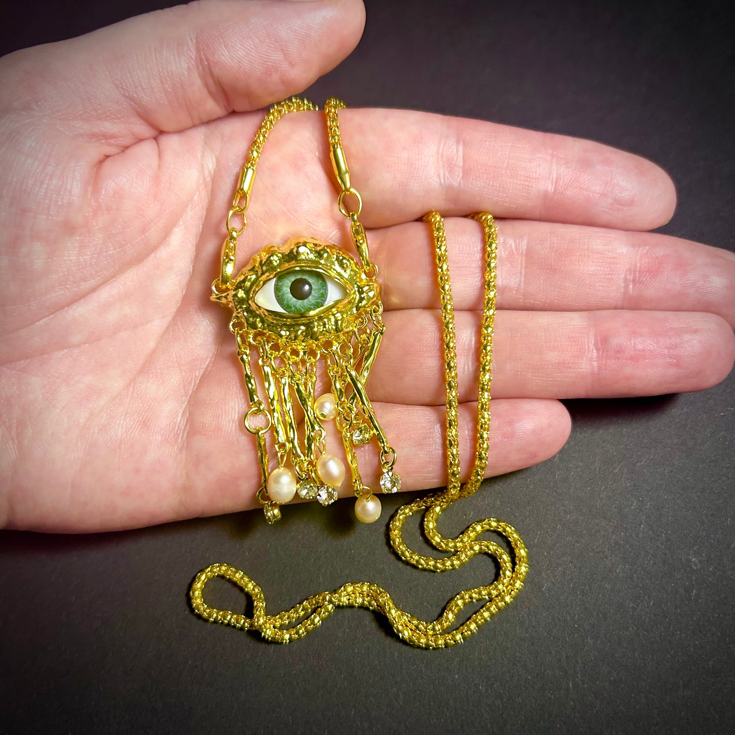 Green Eyes & Baroque Pearl Gold Fringe Pendant Surrealist Necklace