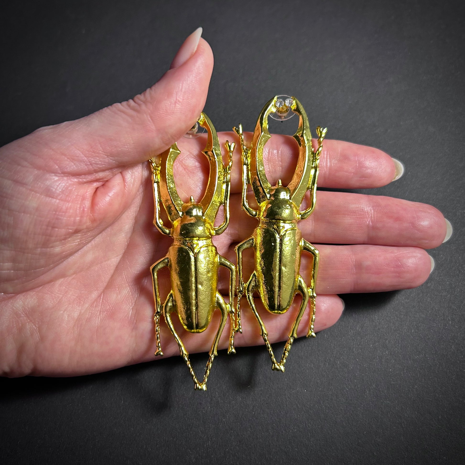 Stag Beetle Large Gold Statement Earrings