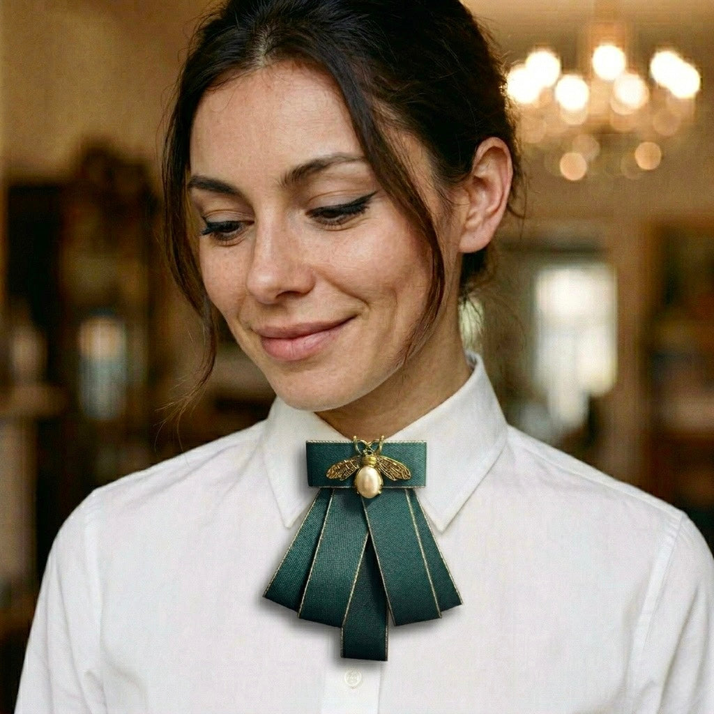 Gold & Pearl Bee Brooch with Dark Green Grosgrain Ribbon Pre-Tied Bow