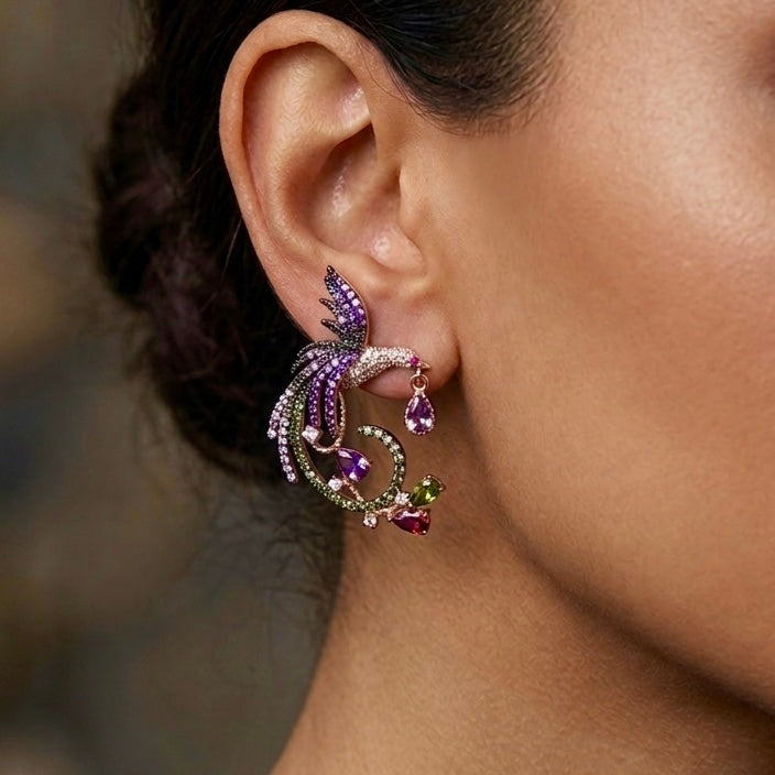 Phoenix Bird Rose Gold & Multi Color Earrings