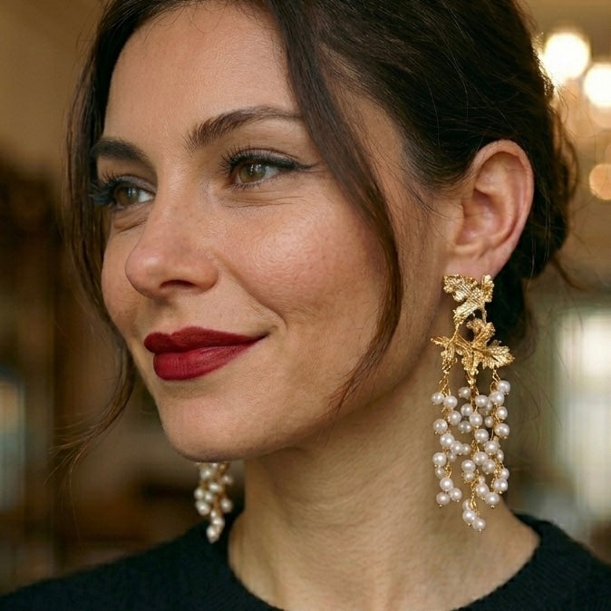 Gold Leaf & Grape White Pearl Earrings