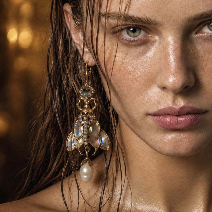 Moth, Skull & Baroque Freshwater Pearl Abalone Statement Earrings