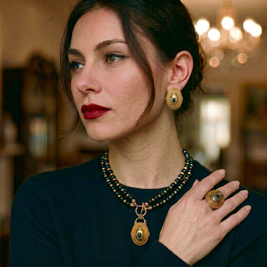 Scarab Beetle Orange Enamel & Antiqued Gold Statement Earrings