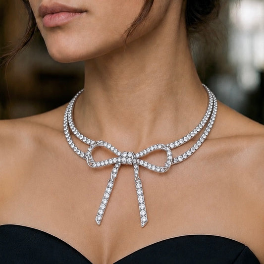 Bow Silver & Clear Rhinestone Choker Statement Necklace