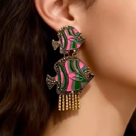 Fish Pink & Green Enamel with Golden Rhinestone Statement Earrings