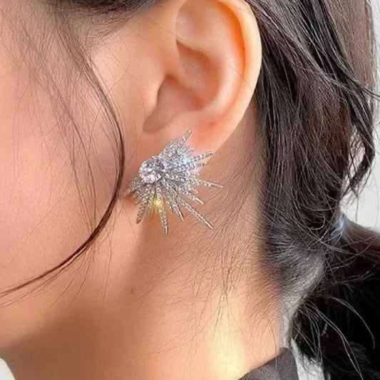 Spike Fan Earrings in Silver & Clear Rhinestones