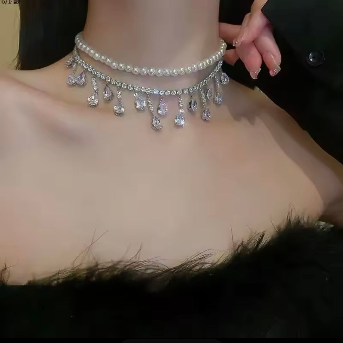 White Pearl & Teardrop Rhinestone Two Row Choker