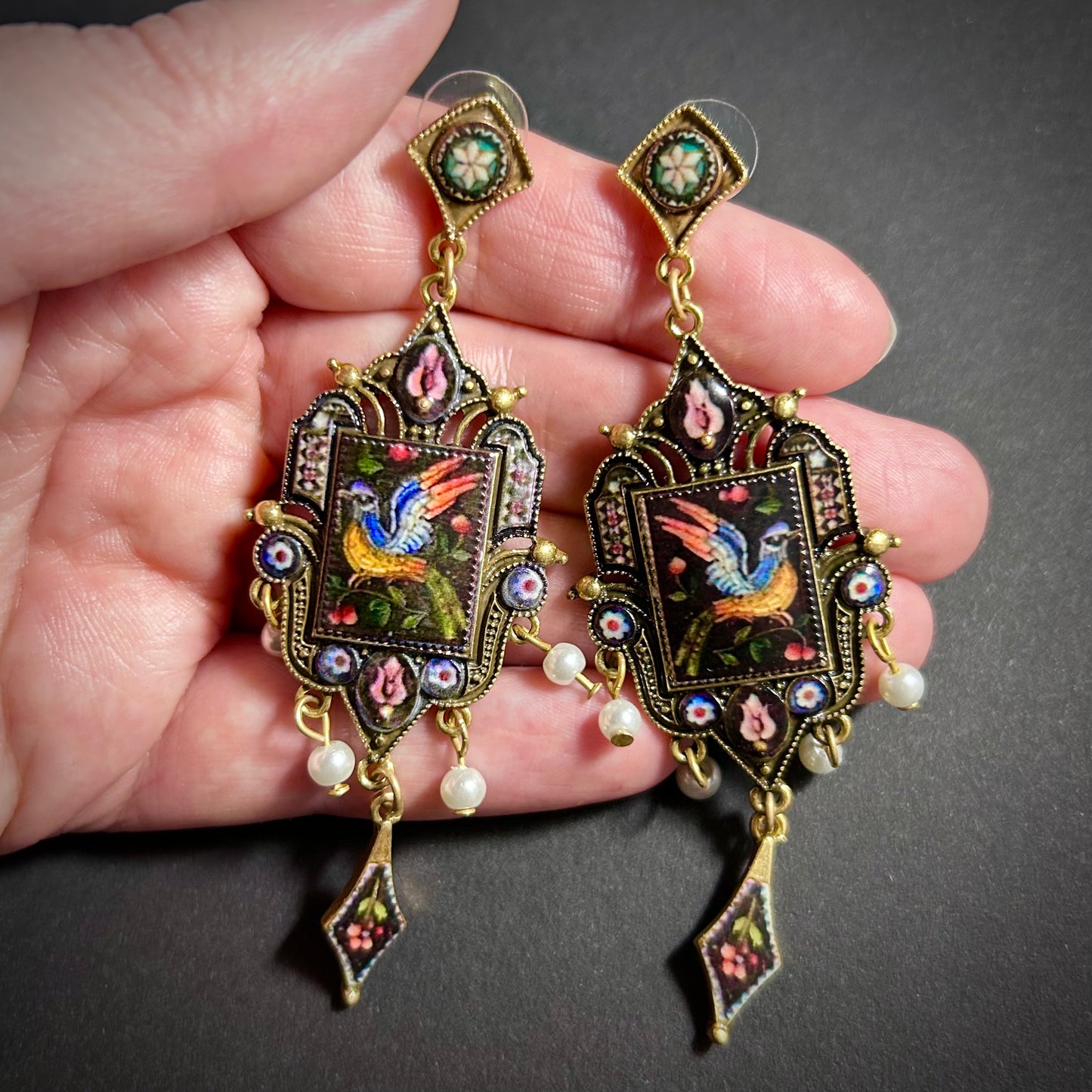 Art Nouveau Black Bird Enamel Miniature Painting & Milgrain Earrings