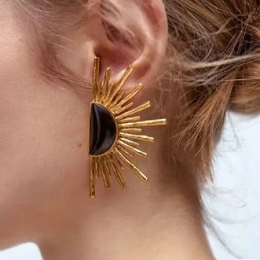 Black & Gold Sun Ray Fan Earrings
