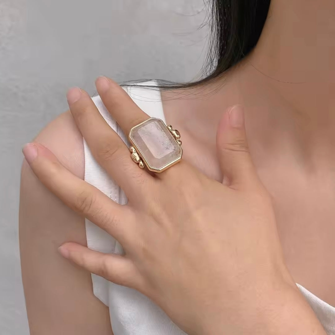 Oversized Gold & Cloudy Quartz Statement Ring