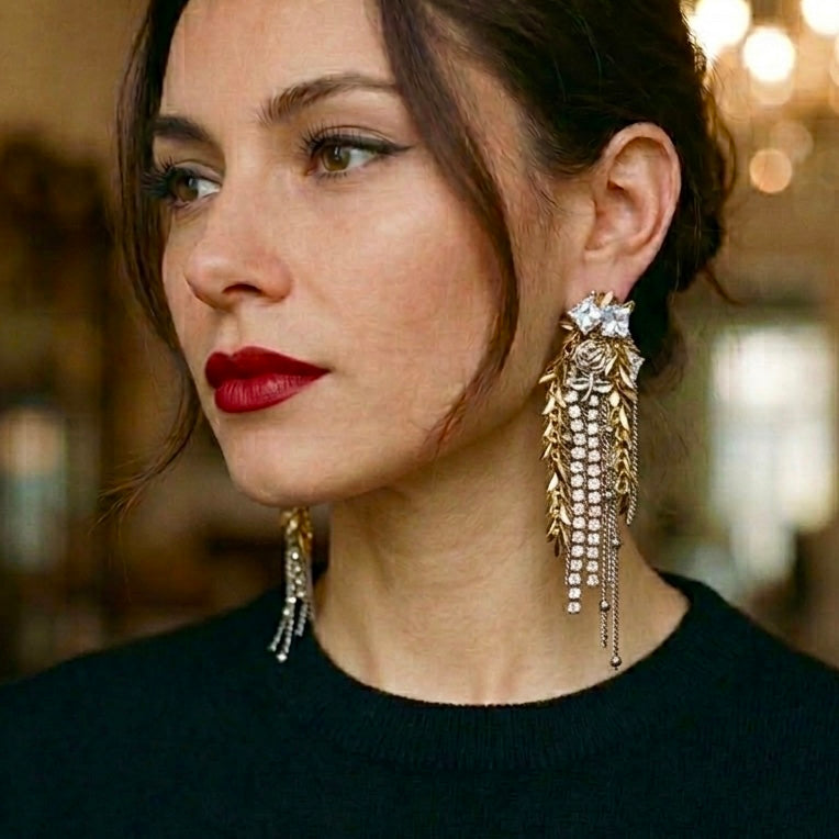 Leaves, Chains & Cubic Zirconia Mixed Metal Tassel Statement Earrings