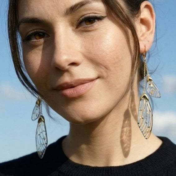 Fairy Wing Clear & Gold Flake Earrings