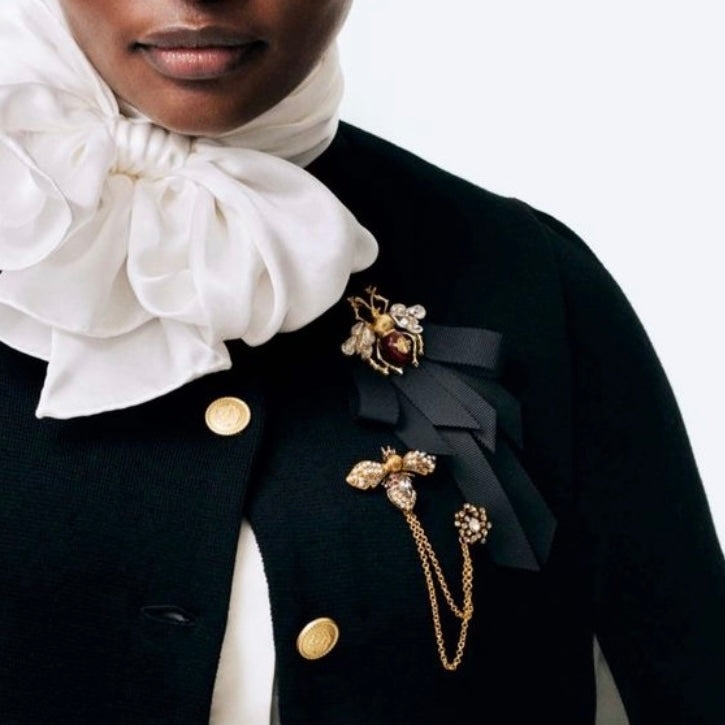 Enamel & Rhinestone Gold Bee Brooch with Black Grosgrain Ribbon Pre-Tied Bow