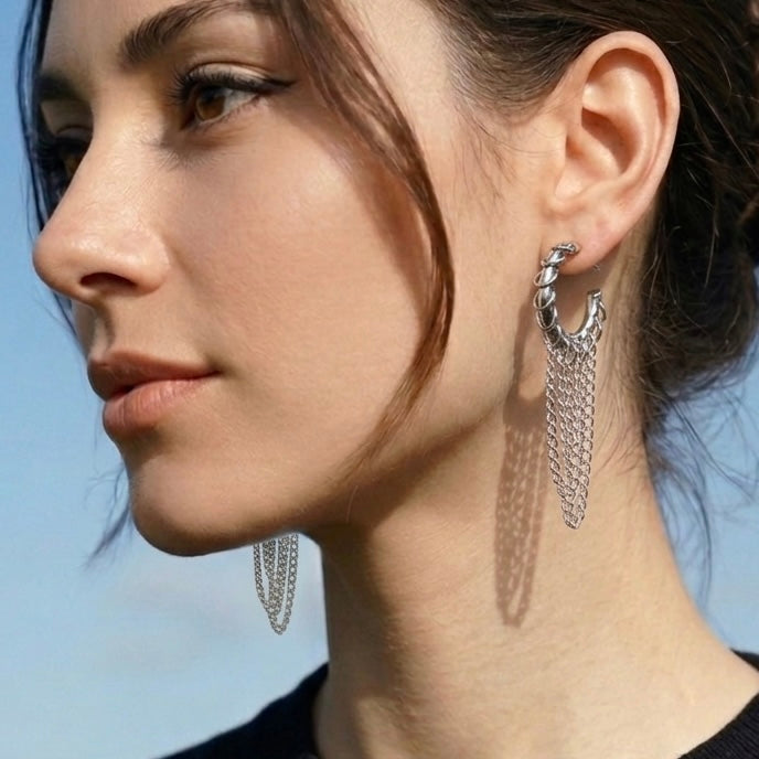 Pierced Hoop Long Chain Silver Punk Earrings