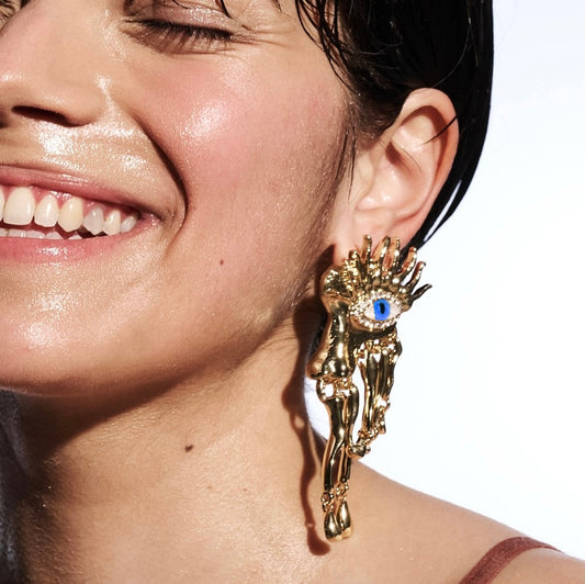 Blue Eyes & Dripping Metal Gold Fringe Surrealist Earrings
