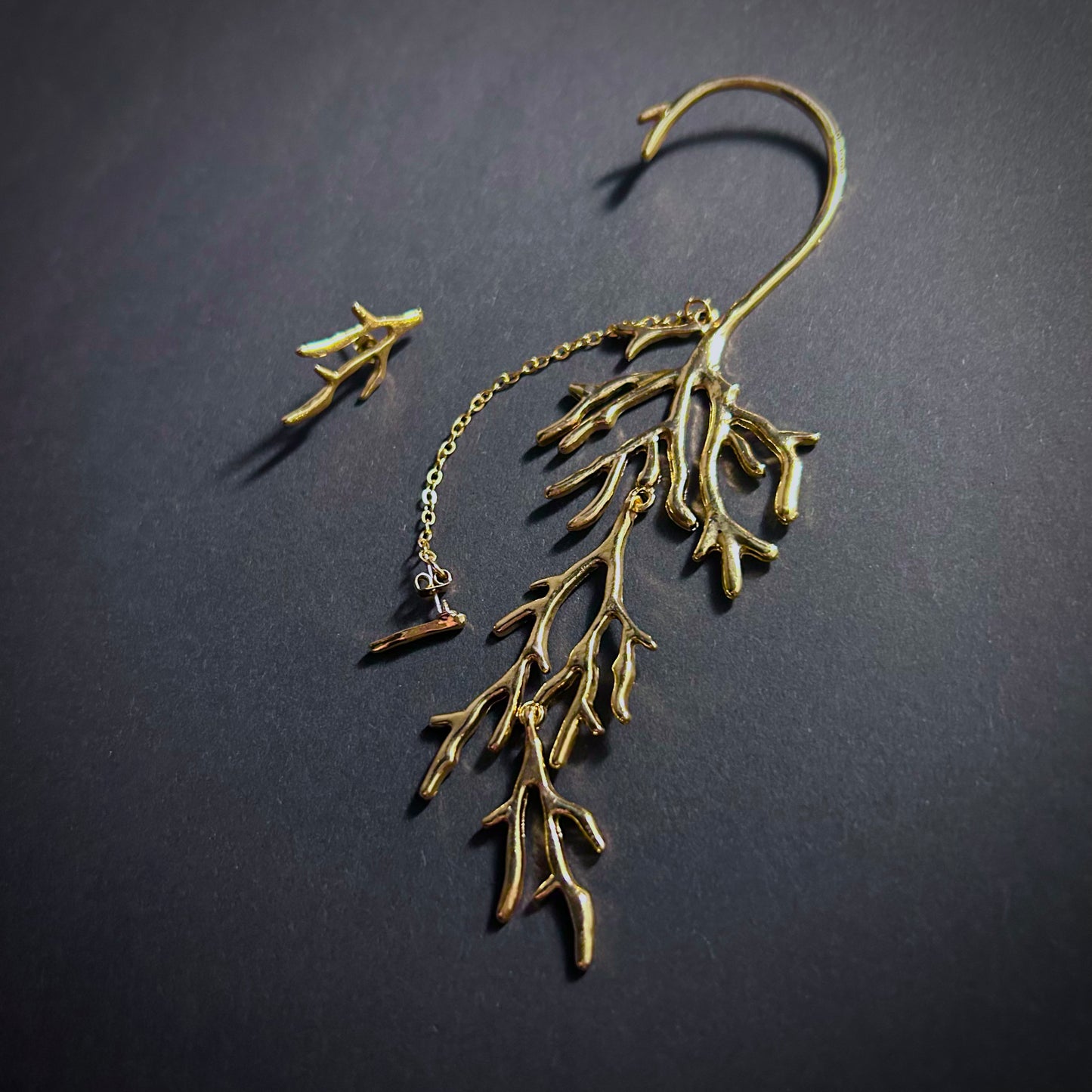 Gold Branch Ear Jacket & Earrings in Asymmetric Twig Set