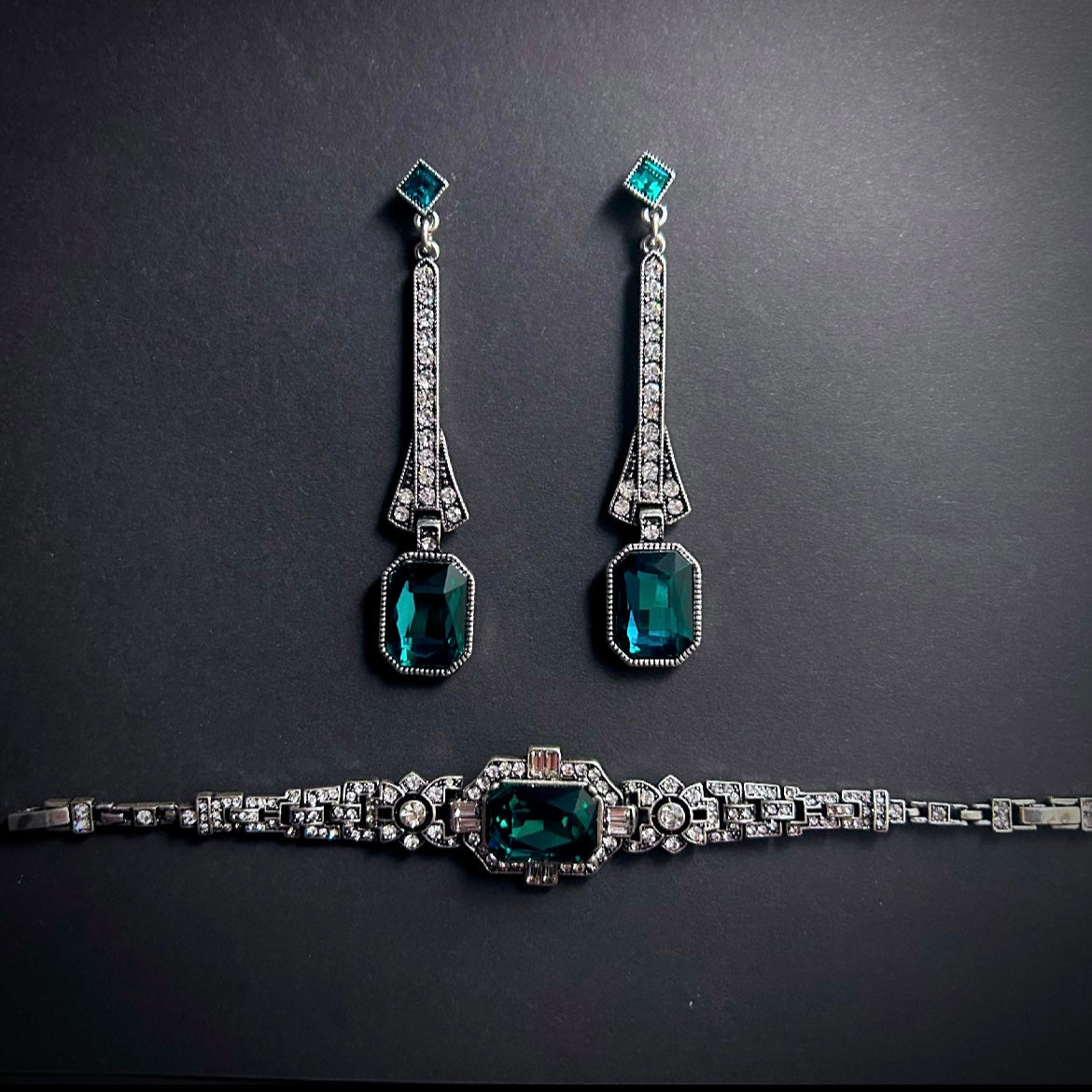 Art Deco Silver Emerald Rectangle Large Drop Earrings