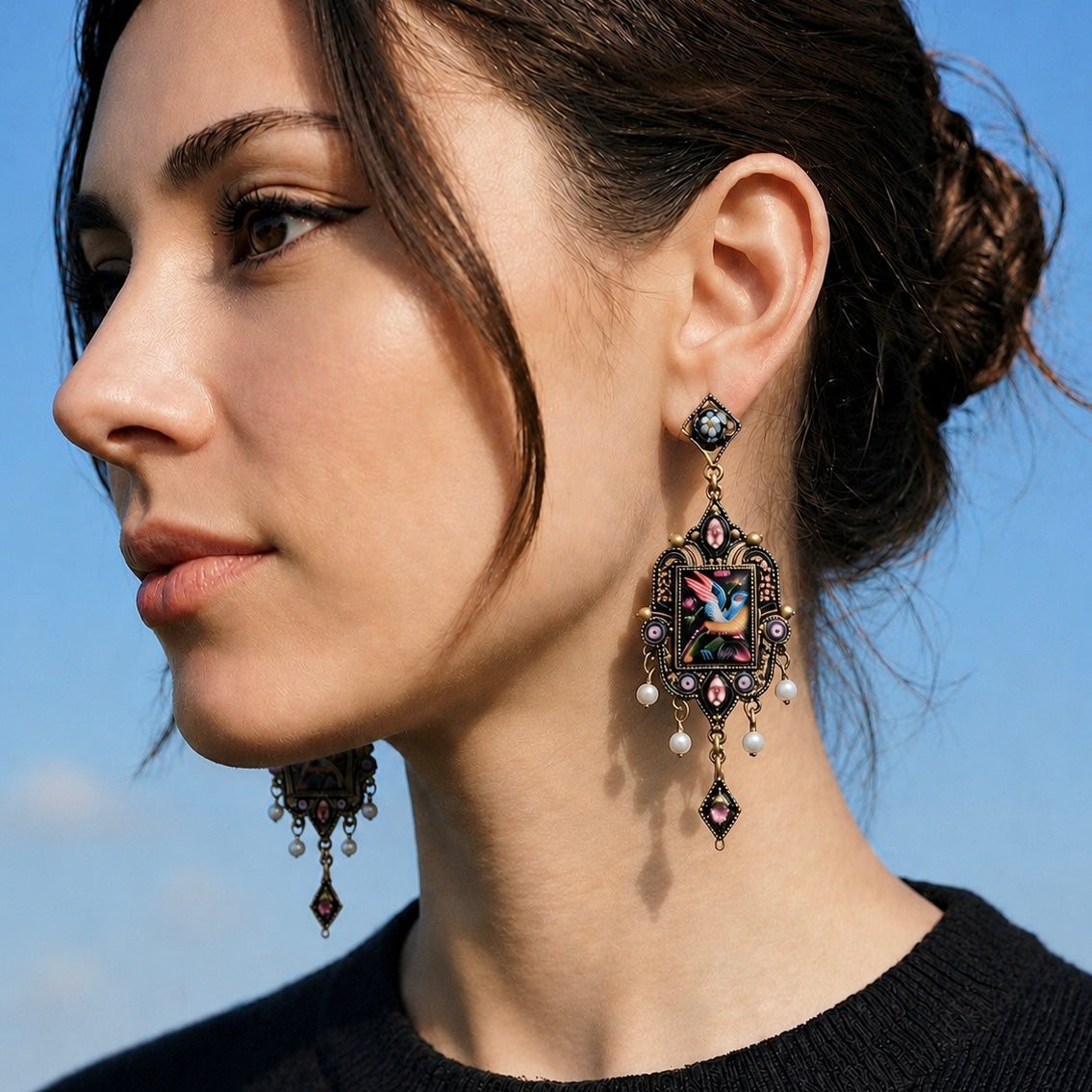 Art Nouveau Black Bird Enamel Miniature Painting & Milgrain Earrings