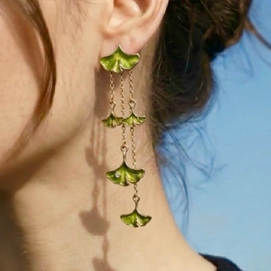 Ginkgo Leaf Enamel Stud Earrings with Ear Jacket