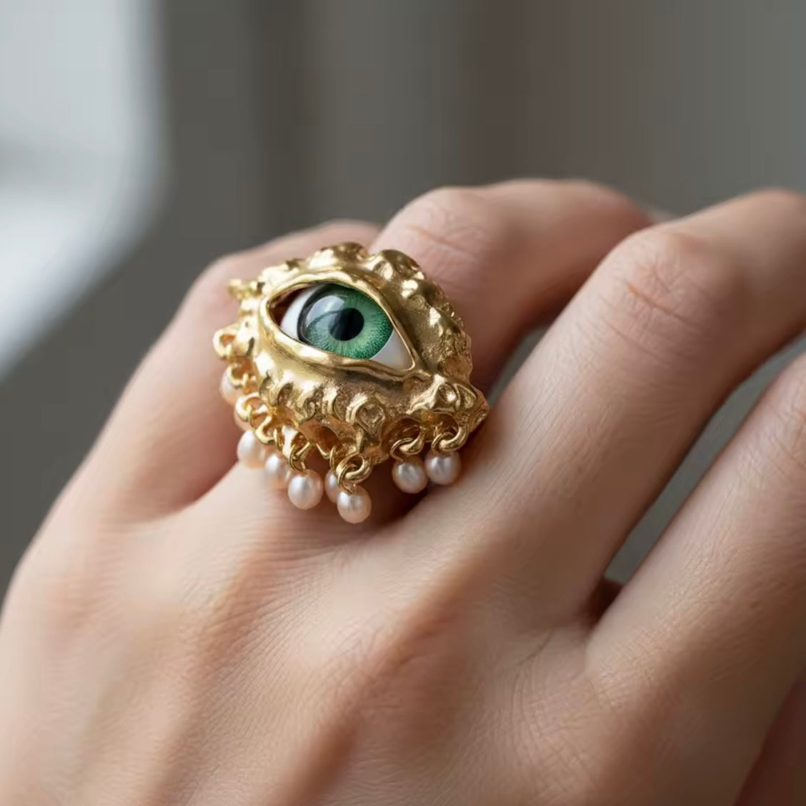 Green Eye & Baroque Pearl Fringe Gold Adjustable Surrealist Ring