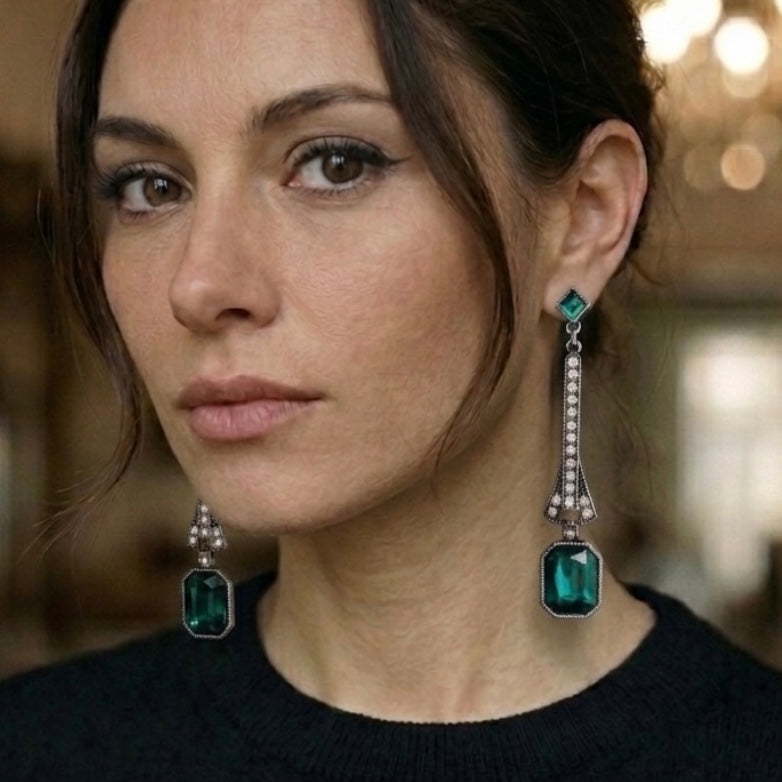 Art Deco Silver Emerald Rectangle Large Drop Earrings