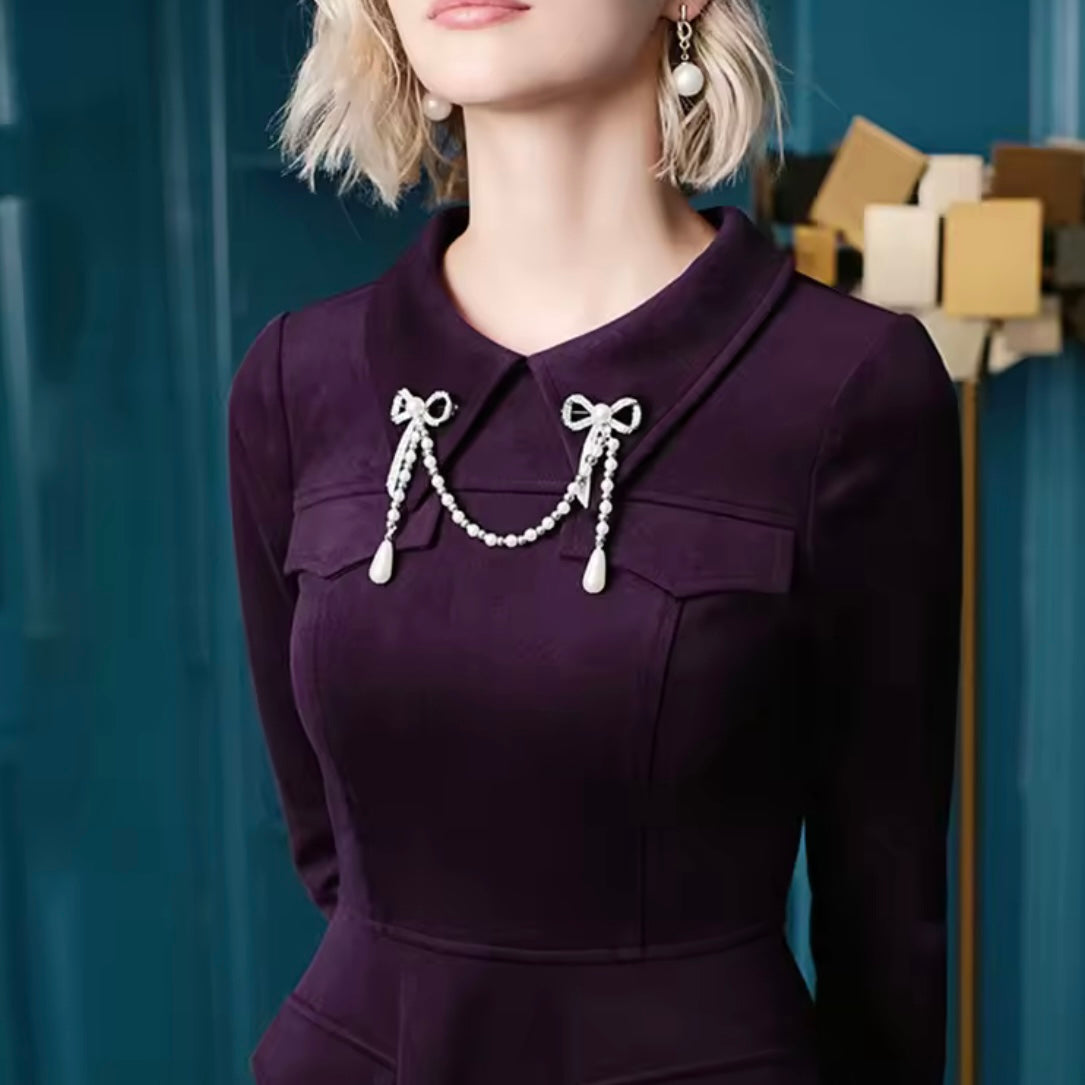 Two Bow Rhinestone & Pearl Connected Silver Brooch