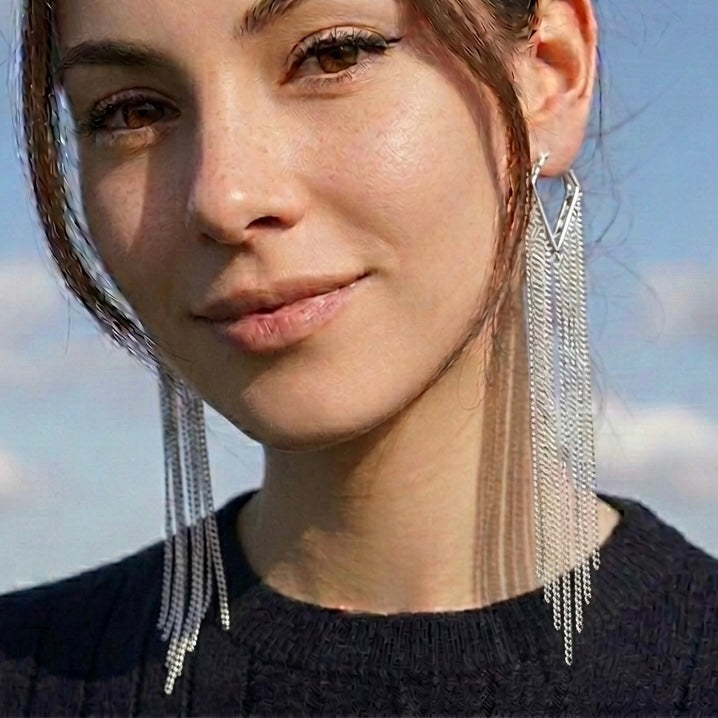 Extra Long Chain Tassel Shoulder Duster Earrings in Silver