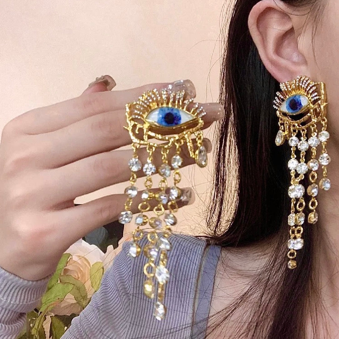 Blue Eye & Long Rhinestone Fringe Gold Earrings