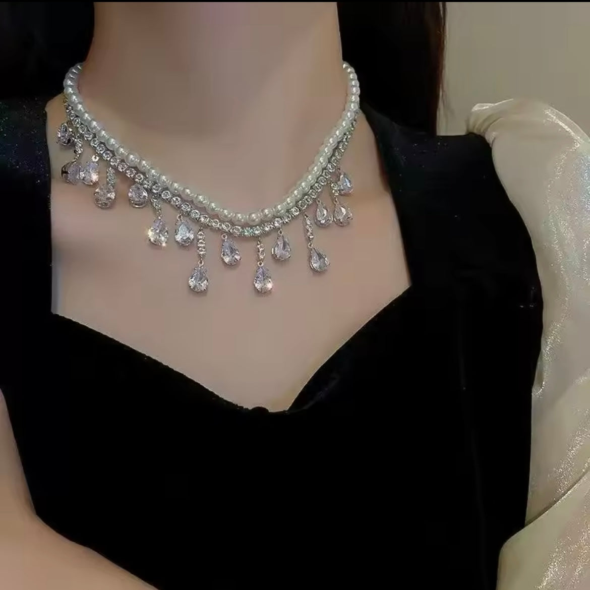 White Pearl & Teardrop Rhinestone Two Row Choker