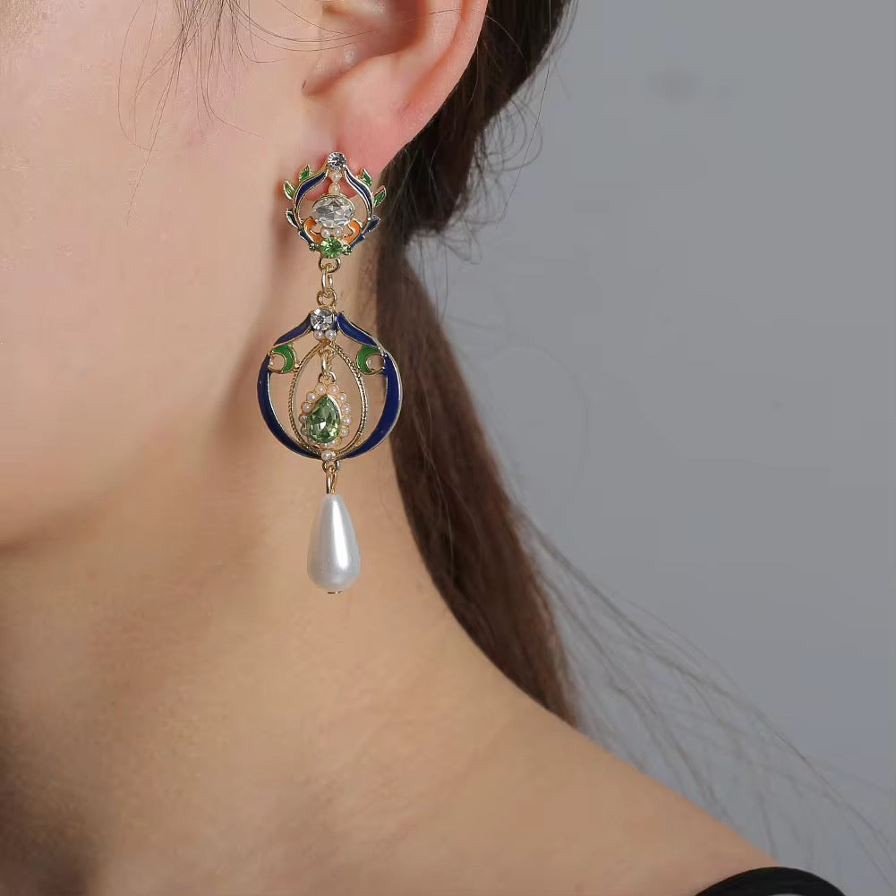 Art Nouveau Enamel & Teardrop Pearl Gold Statement Earrings