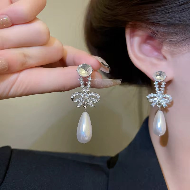 Rhinestone Bow & White Pearl Earrings