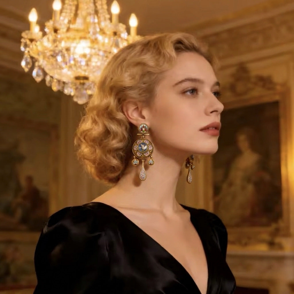 Victorian Micro Mosaic Chandelier Earrings in Gold