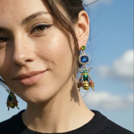 Multicolor Enameled Gold Bee & Petrol Crystal Statement Earrings