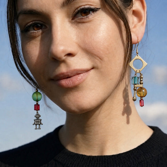 Robot, Geometry & Beads Mismatched Gold Hook Earrings