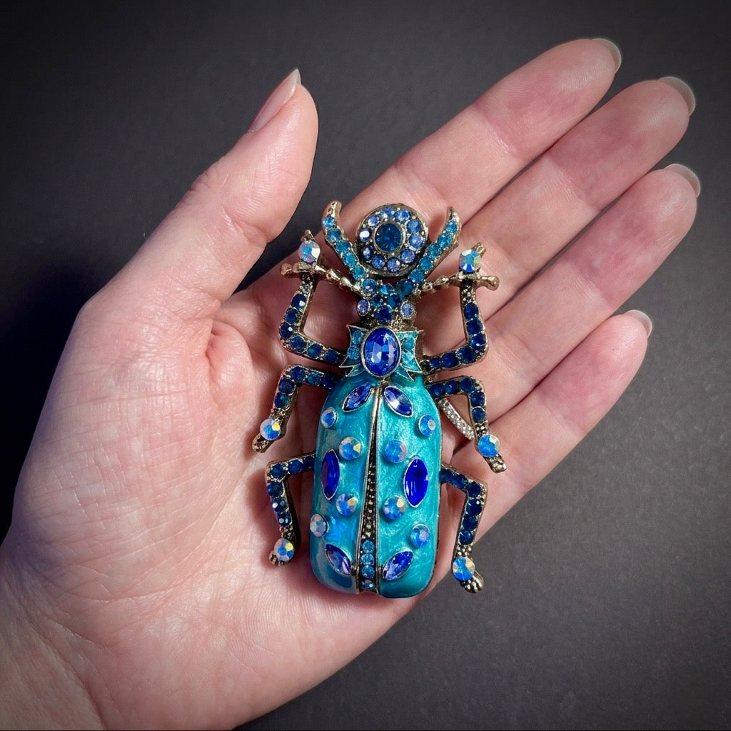 Happy Beetle Brooch with Turquoise Enamel & Rhinestones