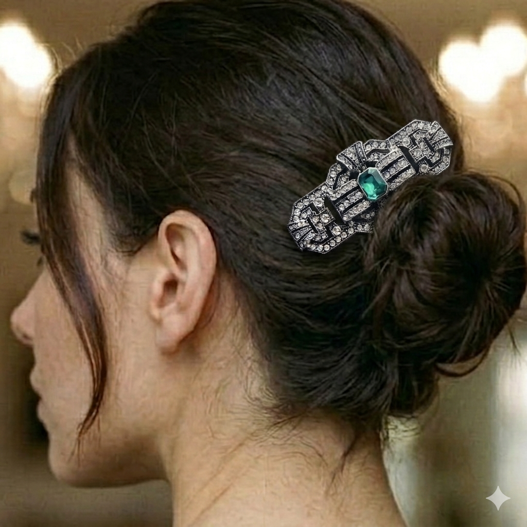 Art Deco Emerald & Antique Silver Decorative Hair Comb