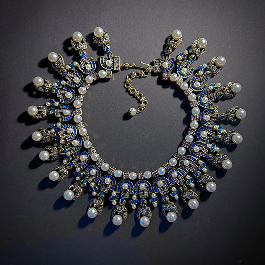 Art Deco Pearl & Turquoise Gold Statement Necklace