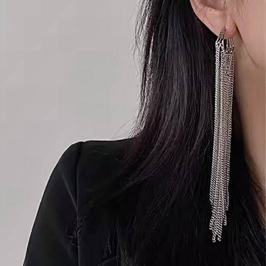 Extra Long Chain Tassel Shoulder Duster Earrings in Silver