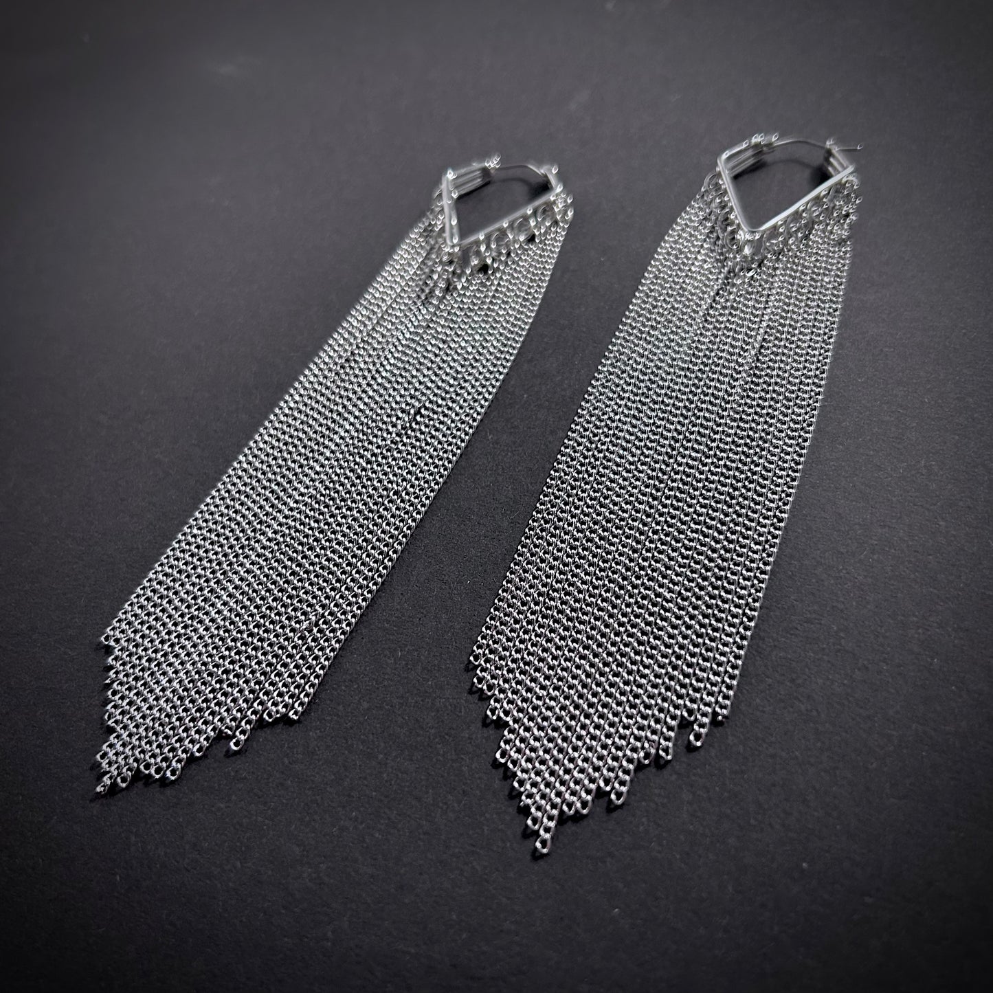 Extra Long Chain Tassel Shoulder Duster Earrings in Silver
