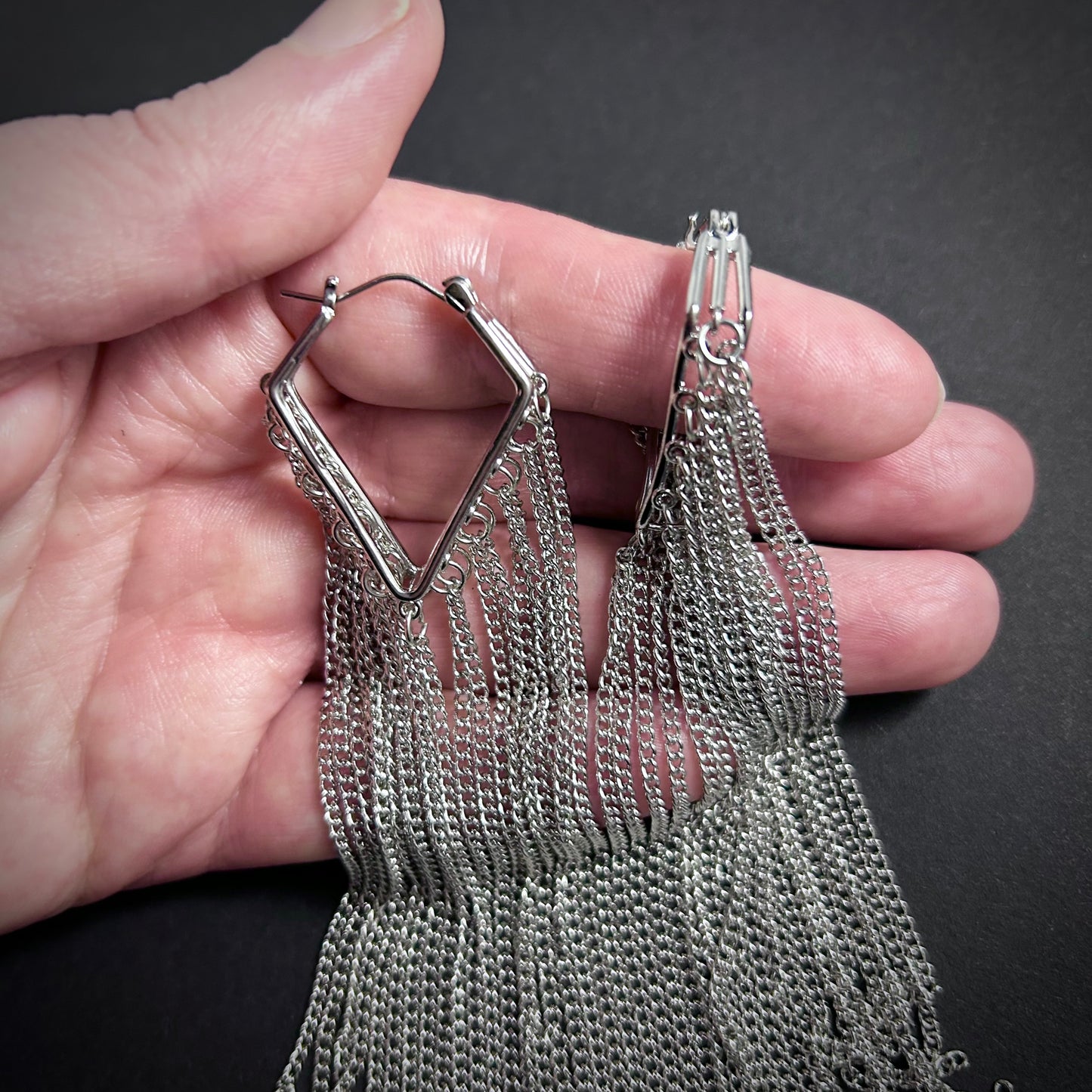 Extra Long Chain Tassel Shoulder Duster Earrings in Silver