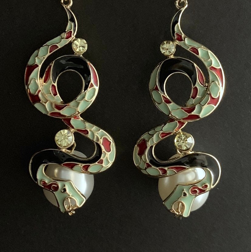 Large Snake Cloisonné Enamel & Pearl Statement Earrings