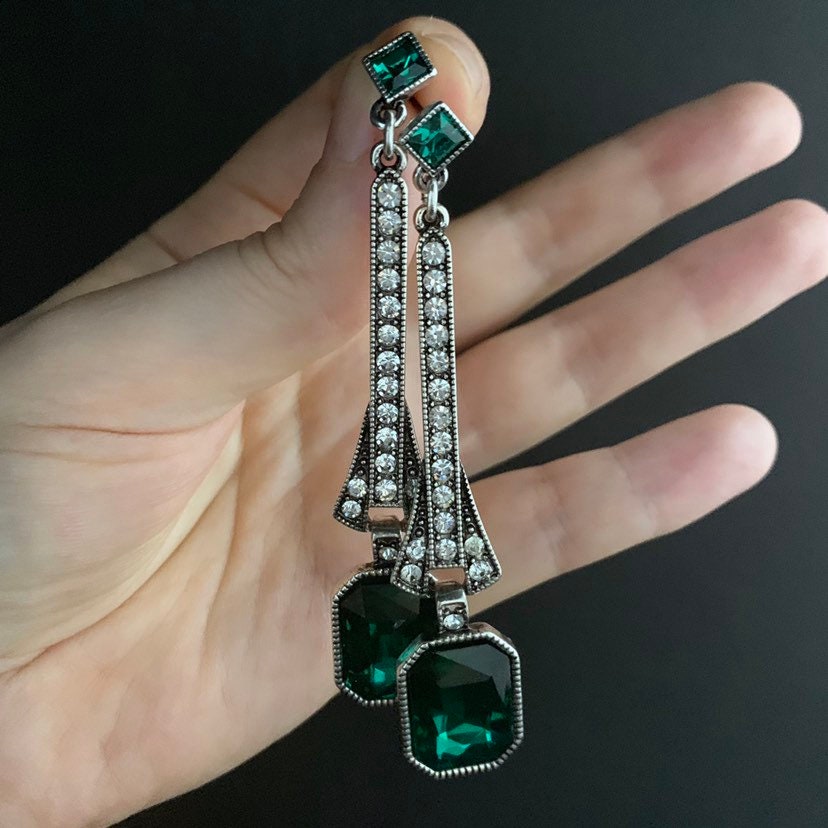 Art Deco Silver Emerald Rectangle Large Drop Earrings