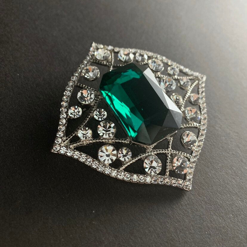 Emerald Silver Rhinestone Rectangular Crystal Brooch