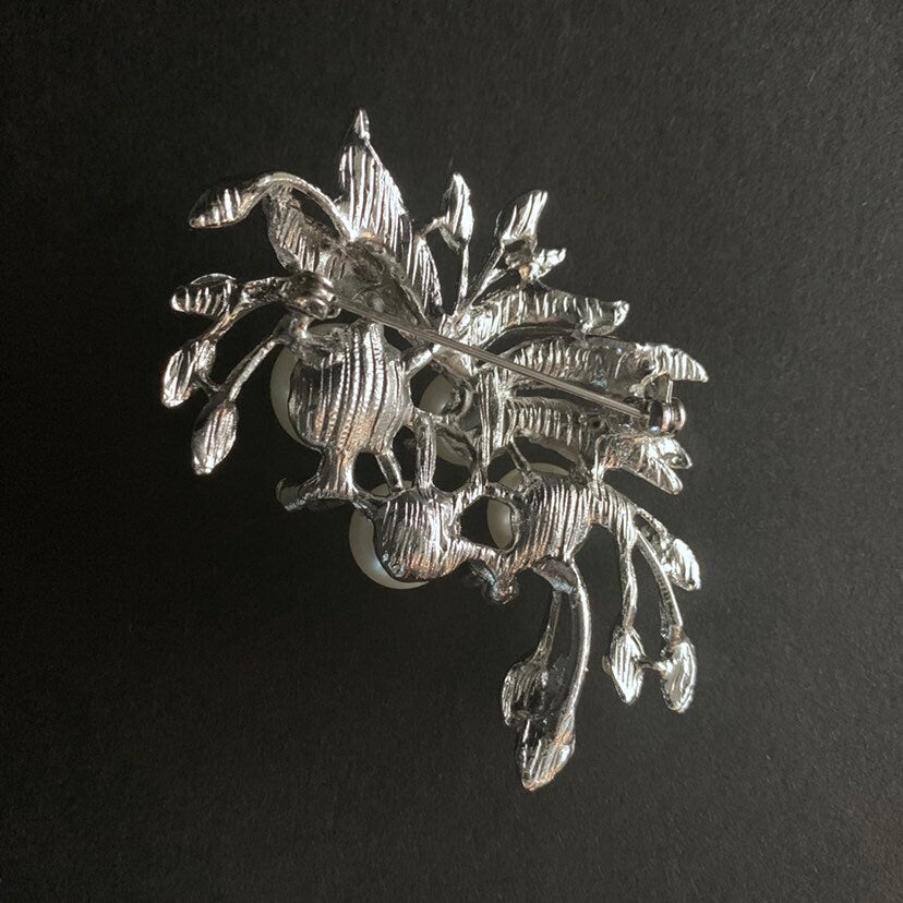 Pearl Rhinestone Silver Branch Brooch