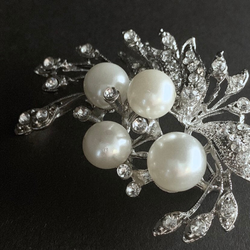 Pearl Rhinestone Silver Branch Brooch