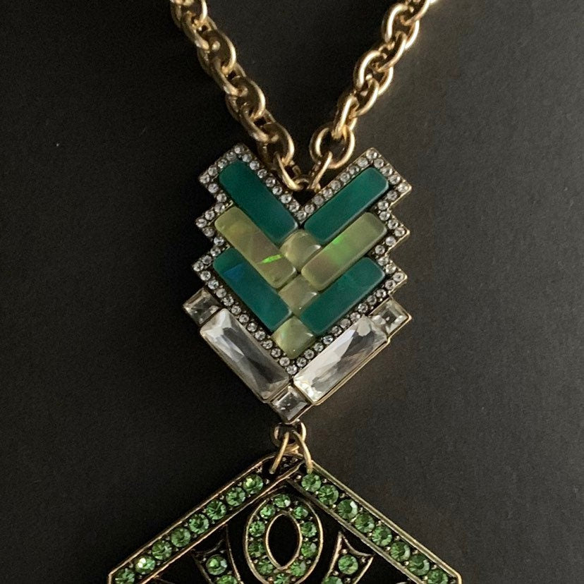 Long Geometric Statement Necklace with Rhinestones and Green Mother of Pearl