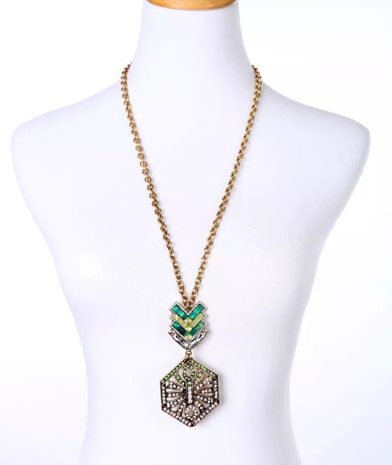 Long Geometric Statement Necklace with Rhinestones and Green Mother of Pearl