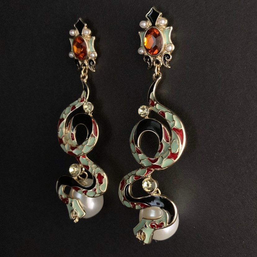 Large Snake Cloisonné Enamel & Pearl Statement Earrings