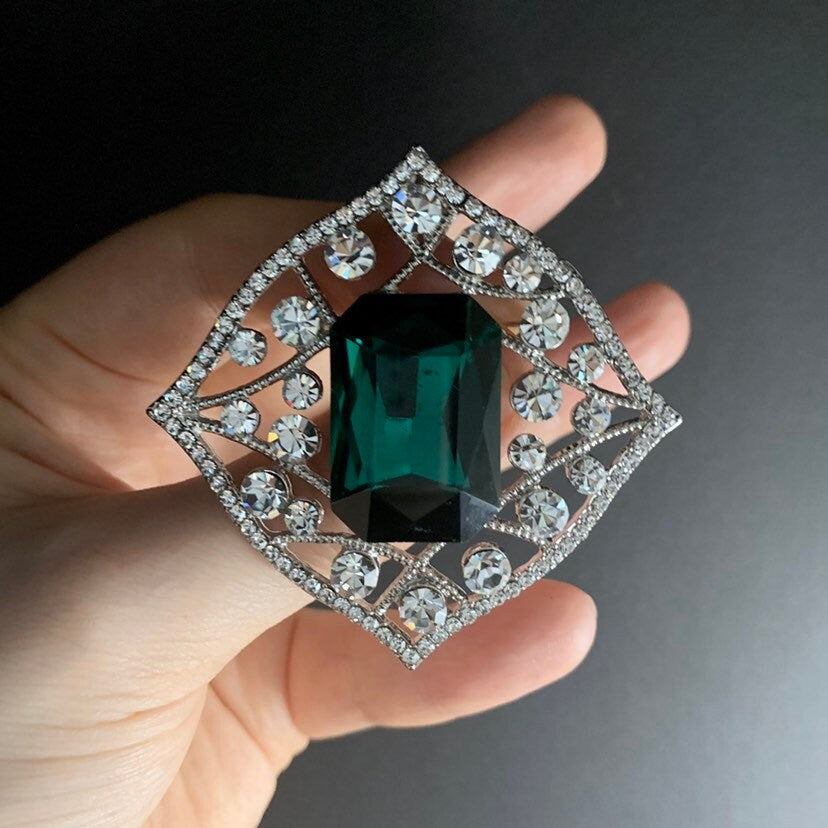 Emerald Silver Rhinestone Rectangular Crystal Brooch