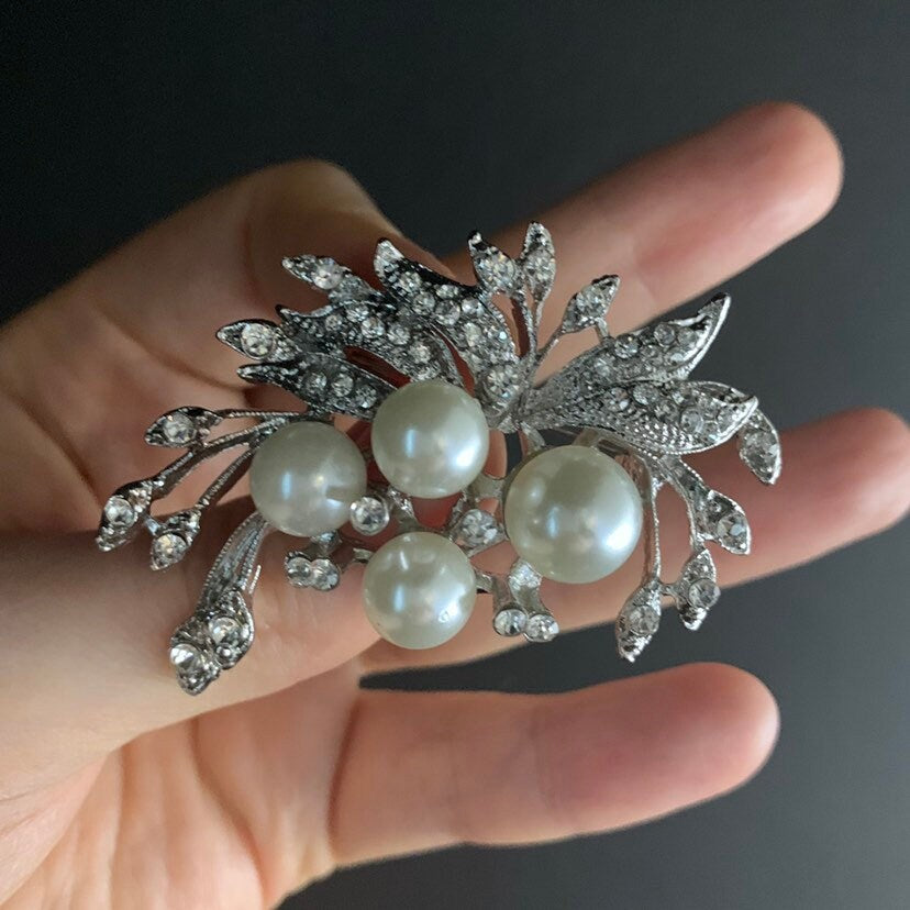 Pearl Rhinestone Silver Branch Brooch